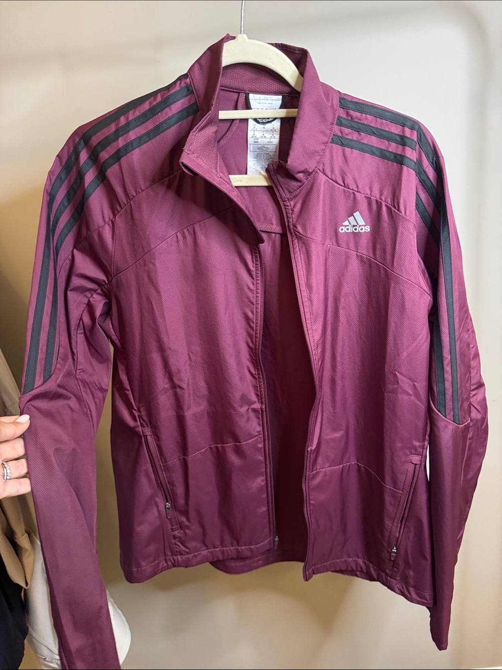adidas Women's Burgundy Track Jacket with Black Stripe Accents with zip pockets!